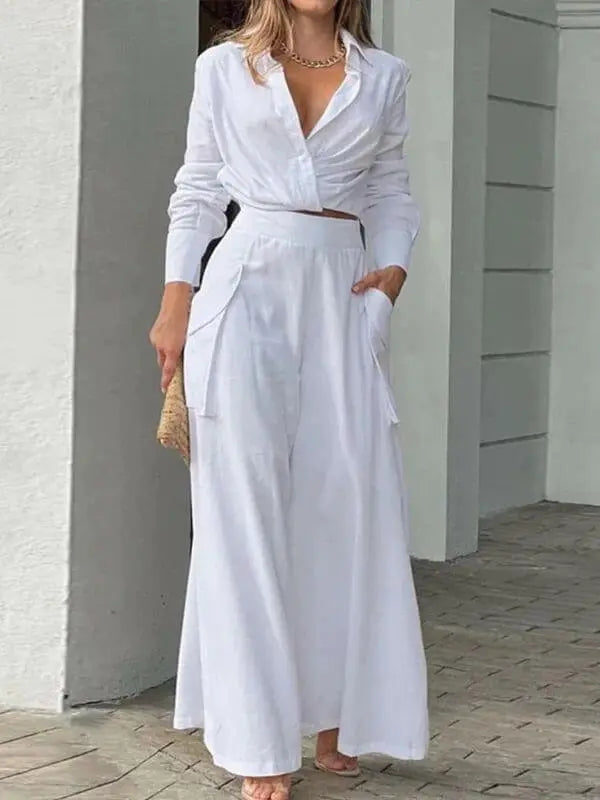 Conjunto Feminino Social com Camisa Manga Longa e Calça Pantalona