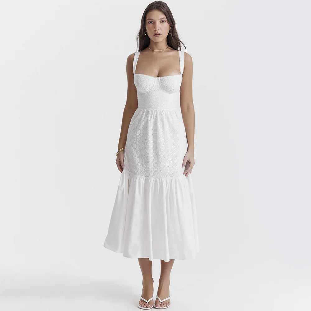 Vestido Feminino Midi de Renda com Alça Larga Branco