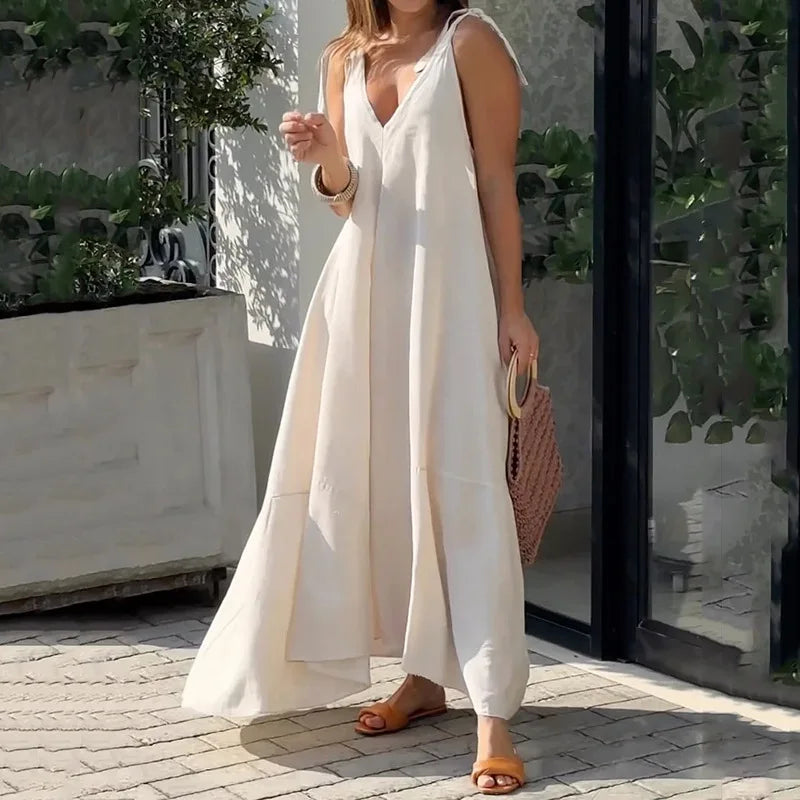 Vestido Largo con Escote en V y Tirantes de Lazo