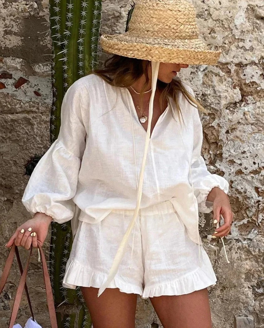 Conjunto Feminino Camisa e Shorts com Babado