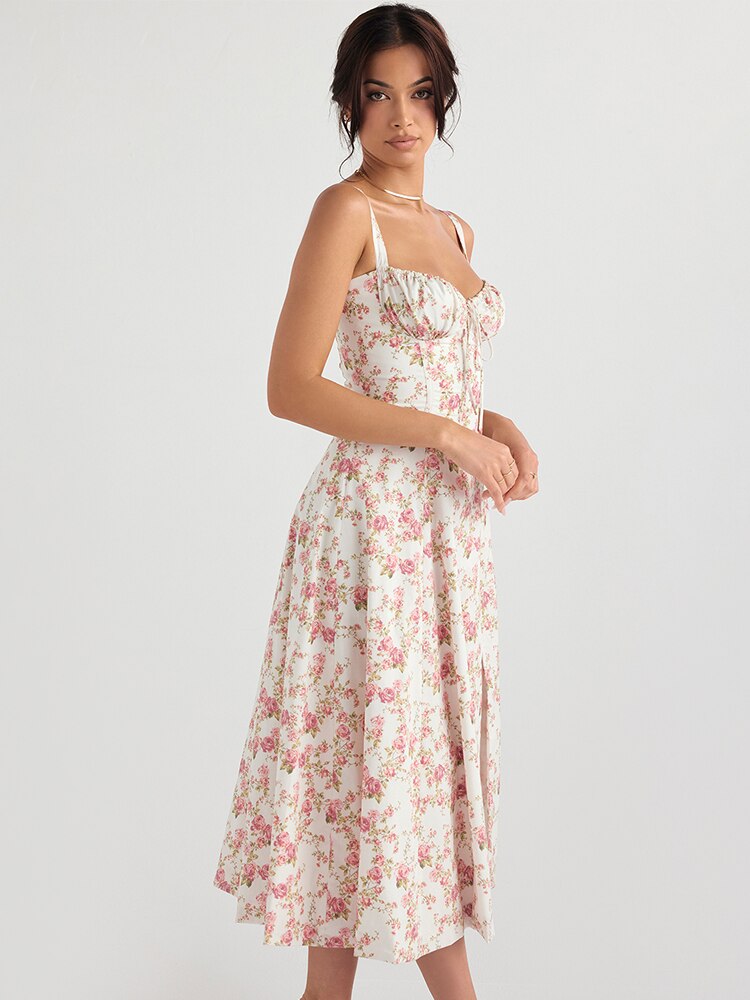 Vestido Femenino Midi Floral con Tirantes Anchos