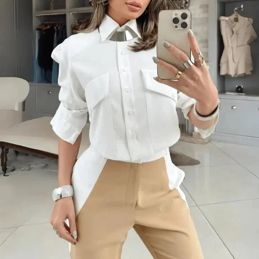 Conjunto Femenino Social: Camisa Cropped y Pantalones de Sarga