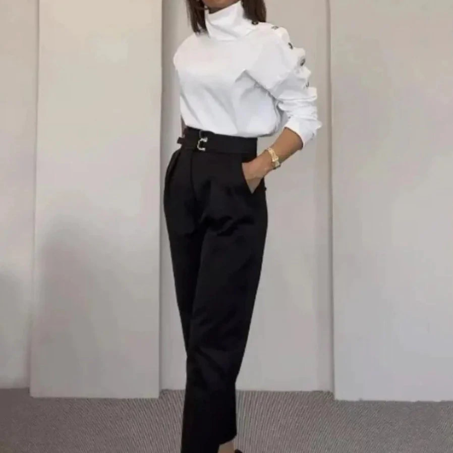 Conjunto Femenino Social con Camisa de Manga Larga y Pantalón de Pierna Ancha
